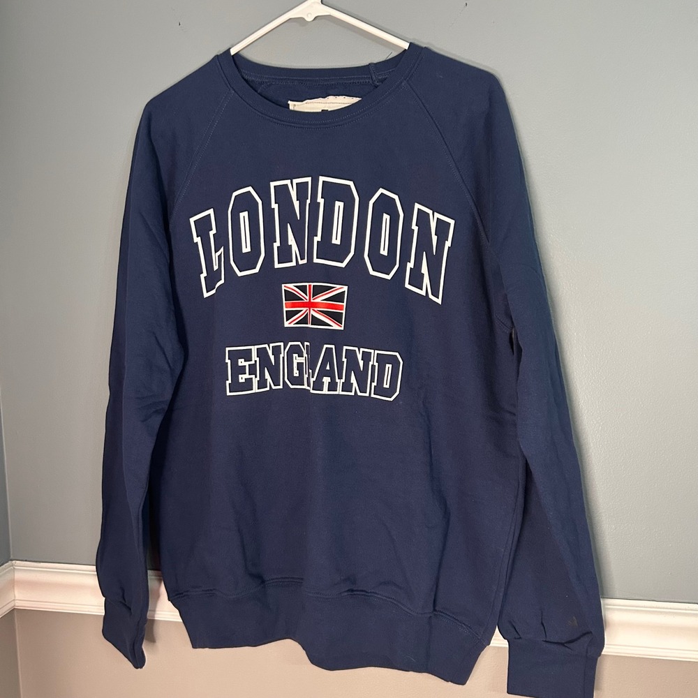 London England Union Jack Navy Blue Graphic Crewneck Sweatshirt Cotton Large